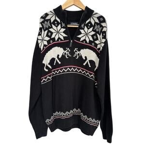 Chaps Mens Pullover Sweater Black Snowflake Deer XL Nordic Fair Isle
